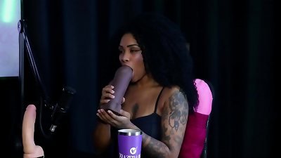 trampy ebony woman demonstrates her melons and flashes her suck off after saying she is interested in fisting and likes to use the strap on dildo - Sara Ventur (SHEER/RED)