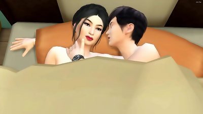 Step son enters his hot asian step mom apartment late at night to share the sofa with her because he was afraid to be alone, she accepted but in the end everything turned into hook-up