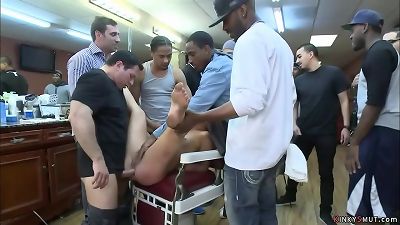 In public barbershop light-haired anal nailed