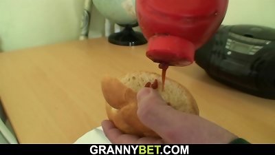 fellow picks up humungous melons grandmother in cafe