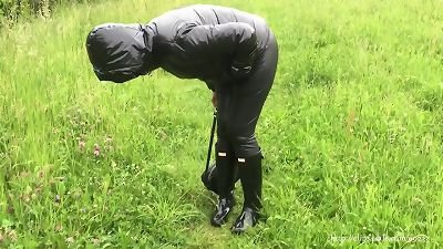 wife in Hunter wellies and leather leggings (video across smartphone)