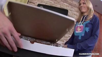 Pizza girl delivers additional Topping