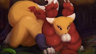 Renamon x Guilmon deep throat fur covered