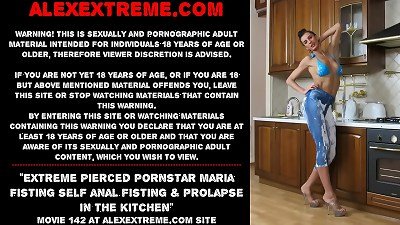 extreme pierced adult movie star Maria fisting self anal going knuckle deep & prolapse in the kitchen