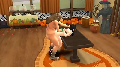 The stepdad came to pick up the student from the party, but when he saw her costume, he penalized her on the table in the club