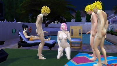 Sakura pummeled by the clones of Naruto gangbang in front of husband Sleeping cuckold