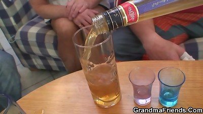 steaming threesome party with blonde older grandma