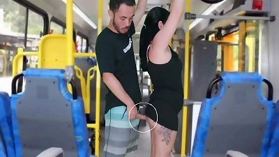 aged scumbag penetrates and masturbates until he ejaculates on the brunette on the bus